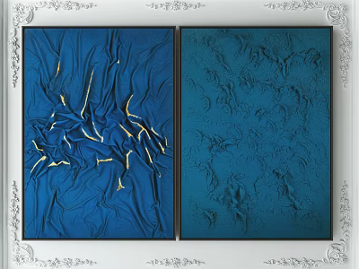 Two Blue Decorative Paintings With Golden Lines And Textured Design In Carved White Frames 3d model