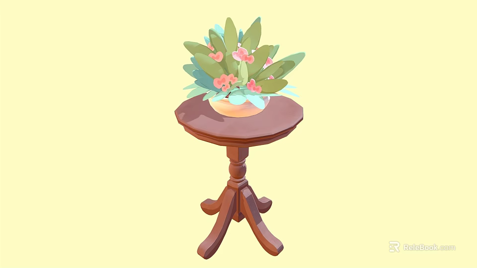 Wooden Side Table With Round Top And Three Legs Potted Plant Green Leaves Pink Flowers 3d model 
