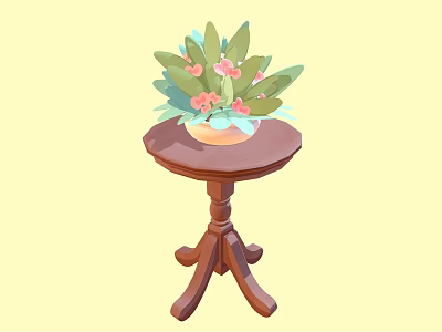 Wooden Side Table With Round Top And Three Legs Potted Plant Green Leaves Pink Flowers 3d model