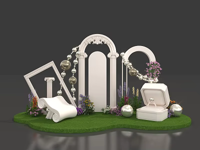 Floral Installation with White Arch Picture Frame Jewelry Box on Green Grass and Purple Flowers 3d model