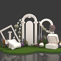 Floral Installation with White Arch Picture Frame Jewelry Box on Green Grass and Purple Flowers
