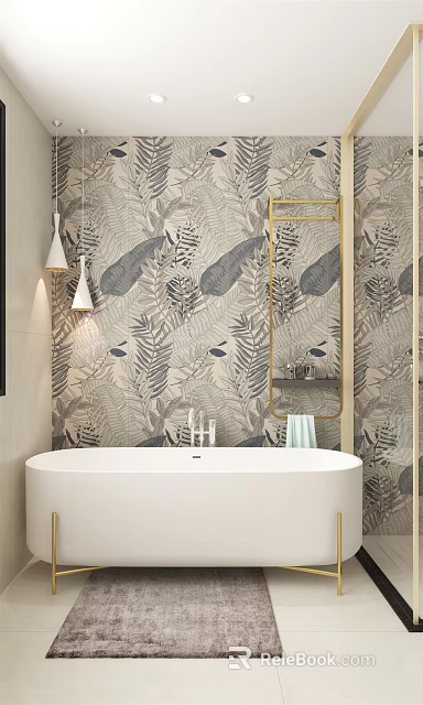 Tropical Plant Wallpaper Bathroom Interior With White Bathtub Golden Frame Mirror And Pendant Lights 3d model 