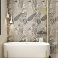 Tropical Plant Wallpaper Bathroom Interior With White Bathtub Golden Frame Mirror And Pendant Lights