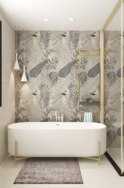 Tropical Plant Wallpaper Bathroom Interior With White Bathtub Golden Frame Mirror And Pendant Lights 3d model