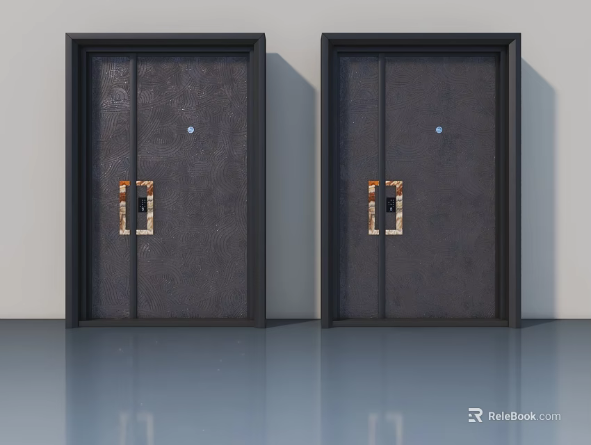 Modern Swing Doors With Black Frame And Golden Handles On Textured Dark Surface 3d model 