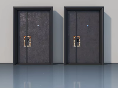Modern Swing Doors With Black Frame And Golden Handles On Textured Dark Surface 3d model