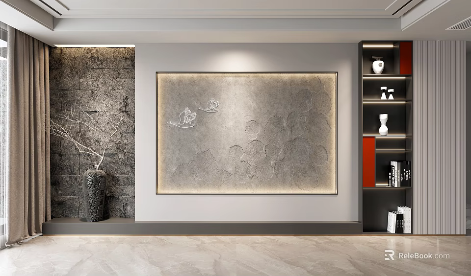 Sofa Background Wall With Large Gray Relief Painting Stone Wall And Wooden Shelf 3d model 