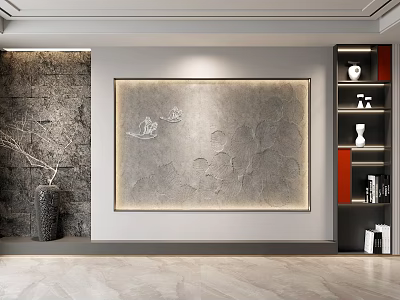 Sofa Background Wall With Large Gray Relief Painting Stone Wall And Wooden Shelf 3d model