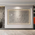 Sofa Background Wall With Large Gray Relief Painting Stone Wall And Wooden Shelf