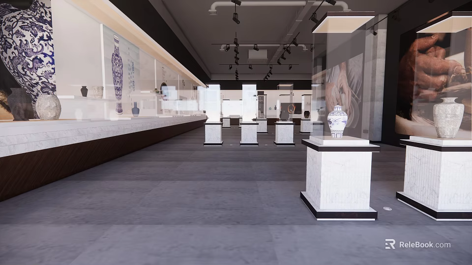 Cultural Center Interior Exhibition Hall Featuring Porcelain Vases Display Cases And Exhibition Stands 3d model 