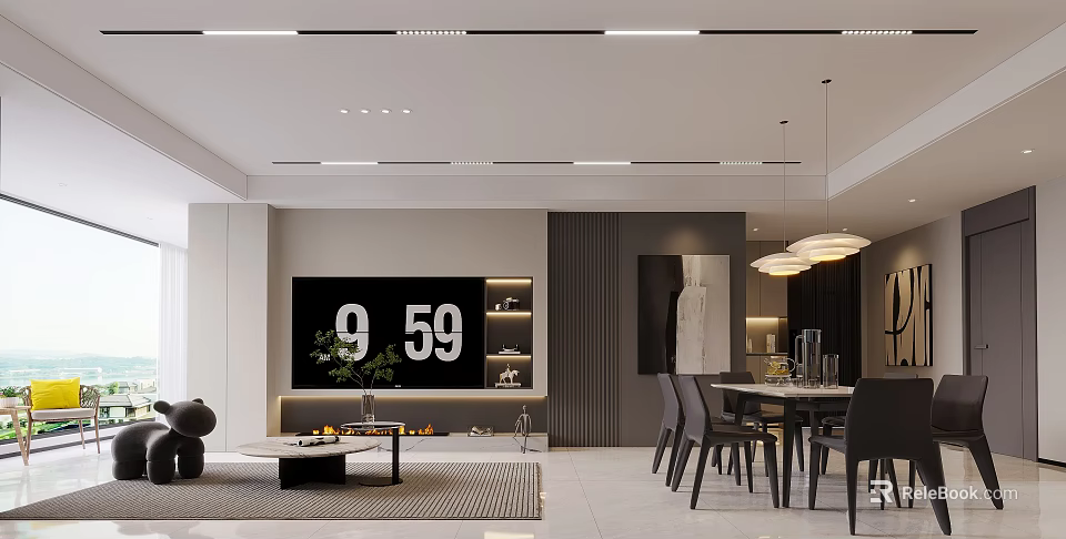 Modern Living Dining Room Interior Design With Sofa Dining Table And Pendant Lighting 3d model 