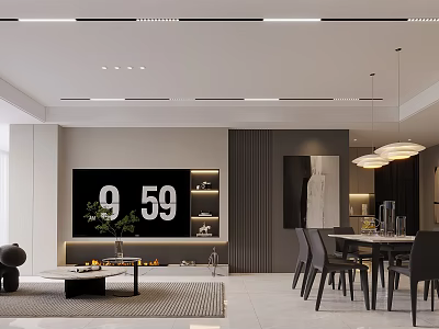 Modern Living Dining Room Interior Design With Sofa Dining Table And Pendant Lighting 3d model