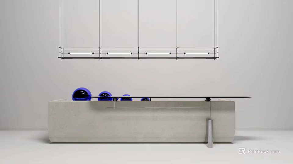 Modern Reception Desk With Glass Countertop Concrete Base Blue Decor Items And Hanging Pendant Lights 3d model 