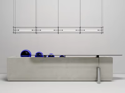 Modern Reception Desk With Glass Countertop Concrete Base Blue Decor Items And Hanging Pendant Lights 3d model