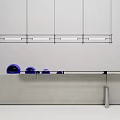 Modern Reception Desk With Glass Countertop Concrete Base Blue Decor Items And Hanging Pendant Lights
