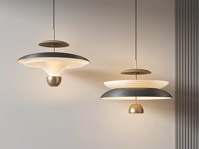 Modern Two Tiered Pendant Lights with Black White Shades and Brass Bases 3d model