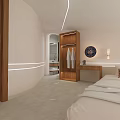 Hotel Room Interior With White Bed TV Wooden Wardrobe And Colorful Wall Decor