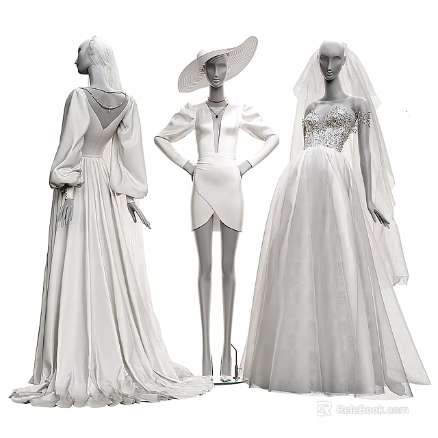 Three Elegant Mannequins Showcasing White Wedding Gowns With Veils And Flowing Skirts 3d model 