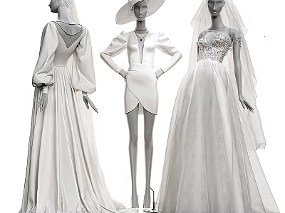 Three Elegant Mannequins Showcasing White Wedding Gowns With Veils And Flowing Skirts 3d model