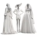 Three Elegant Mannequins Showcasing White Wedding Gowns With Veils And Flowing Skirts