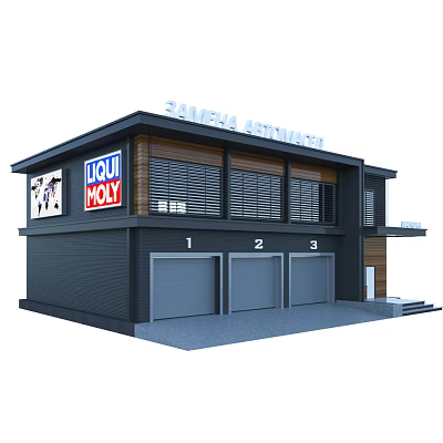 Zaporozhye Activation Building With Dark Exterior Wooden Accents Liqui Moly Sign And Garage Doors 3d model