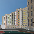 Modern White Multi Story School Building With Basketball Court Under Blue Sky