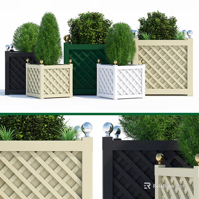 Colorful Garden Planters With Lattice Design Decorative Balls And Green Plants 3d model 