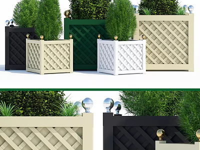 Colorful Garden Planters With Lattice Design Decorative Balls And Green Plants 3d model