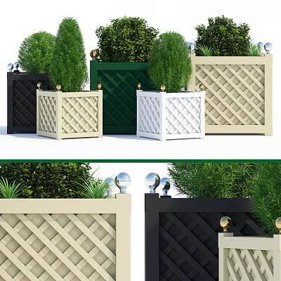 Colorful Garden Planters With Lattice Design Decorative Balls And Green Plants 3d model