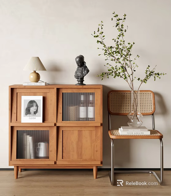 Wooden Sideboard With Glass Doors Table Lamp Bust Green Plant Chair Vase And Books 3d model 