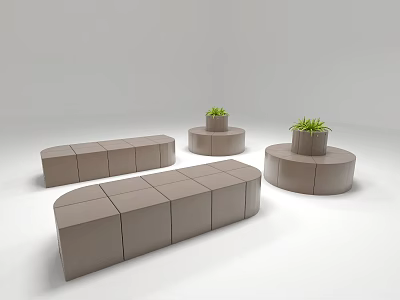 Modern Modular Public Chairs In Neutral Tone With Rectangular Circular Shapes And Potted Plants 3d model