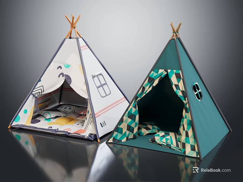 Patterned And Dark Green Teepee Tents With Window Designs Mats Inside For Kids Play 3d model 