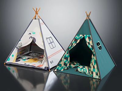 Patterned And Dark Green Teepee Tents With Window Designs Mats Inside For Kids Play 3d model