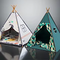 Patterned And Dark Green Teepee Tents With Window Designs Mats Inside For Kids Play