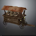 Vintage Wooden Cart With Rusty Brown Canopy Three Bottles And Metal Railings