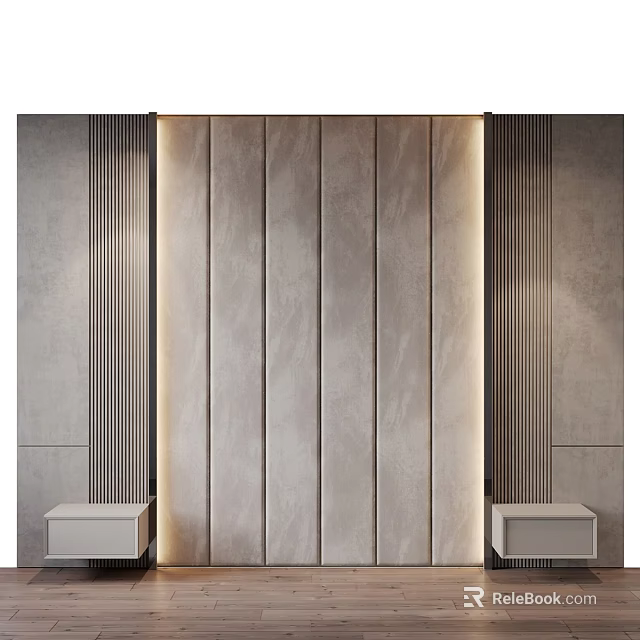 Modern Accent Wall With Vertical Slats Lighting And Side Cabinets 3d model 