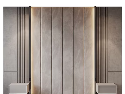 Modern Accent Wall With Vertical Slats Lighting And Side Cabinets 3d model