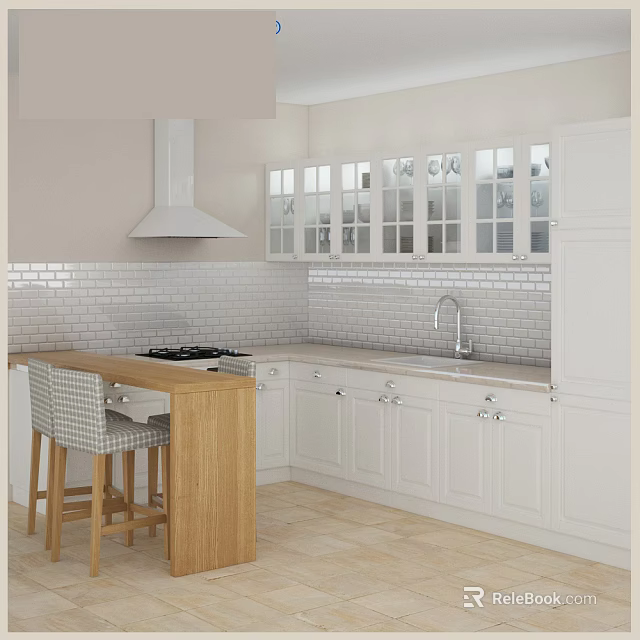 Modern Kitchen Interior Featuring White Cabinets Wooden Countertop And Tile Backsplash 3d model
