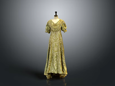 Elegant Golden Long Dress With Floral Pattern And Short Sleeves Design 3d model