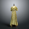 Elegant Golden Long Dress With Floral Pattern And Short Sleeves Design
