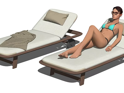 White Lounge Chair With Wooden Frame Soft Cushion And Blanket For Relaxation 3d model