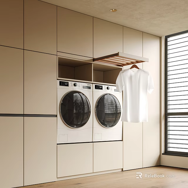Modern Washer And Dryer Built In Beige Cabinetry With White T-Shirt Hanging Near Window 3d model 