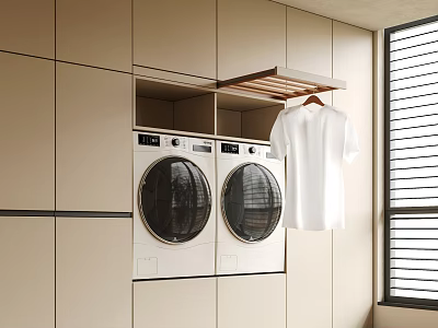 Modern Washer And Dryer Built In Beige Cabinetry With White T-Shirt Hanging Near Window 3d model