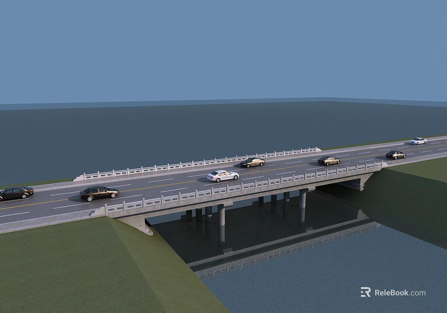 Scenic Landscape Bridge with Vehicles on Road Over Water and Green Surroundings 3d model 