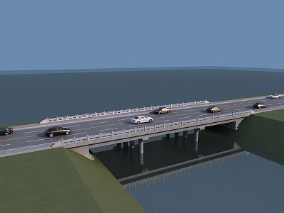 Scenic Landscape Bridge with Vehicles on Road Over Water and Green Surroundings 3d model