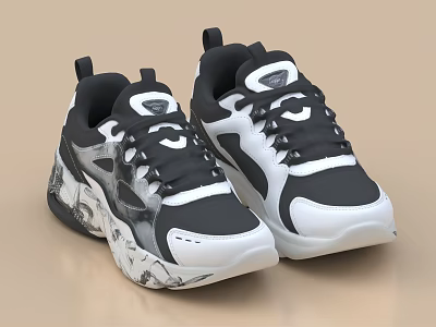 Stylish Black And White Casual Sneakers With Marble Pattern Laces Upper And Comfortable Sole 3d model
