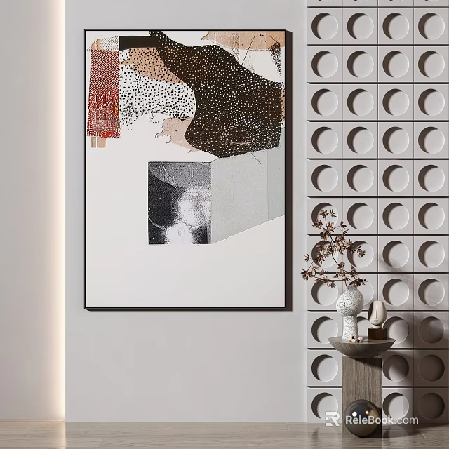 Abstract Painting On Wall With Circular Pattern Background And Decorative Vase On Table 3d model