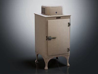 Vintage Beige Cabinet With Small Compressor Unit On Top Curved Legs And Metal Hinges Design 3d model