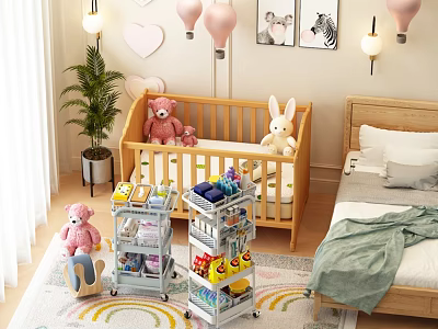Multifunctional Storage Rack In Children's Room With Toys Near Crib And Decor 3d model