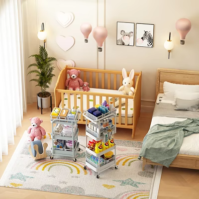 Multifunctional Storage Rack In Children's Room With Toys Near Crib And Decor 3d model